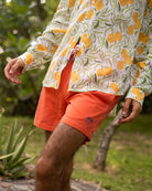 Men's tropical vacation linen shirt in green and yellow Mango print by Pink House