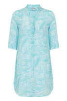 Silk Crepe Decima dress by Lotty B in Whale turquoise print. Mustique Designer Resort Wear