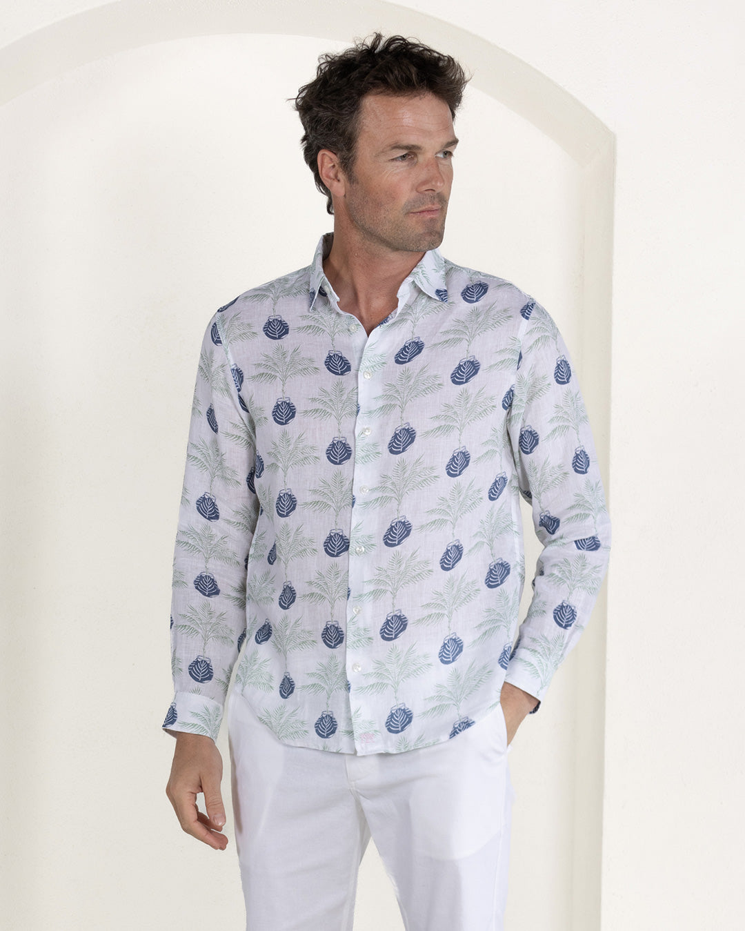 Holiday chic pure linen shirt in green and navy blue Potted Palm print by designer Lotty B for Pink House