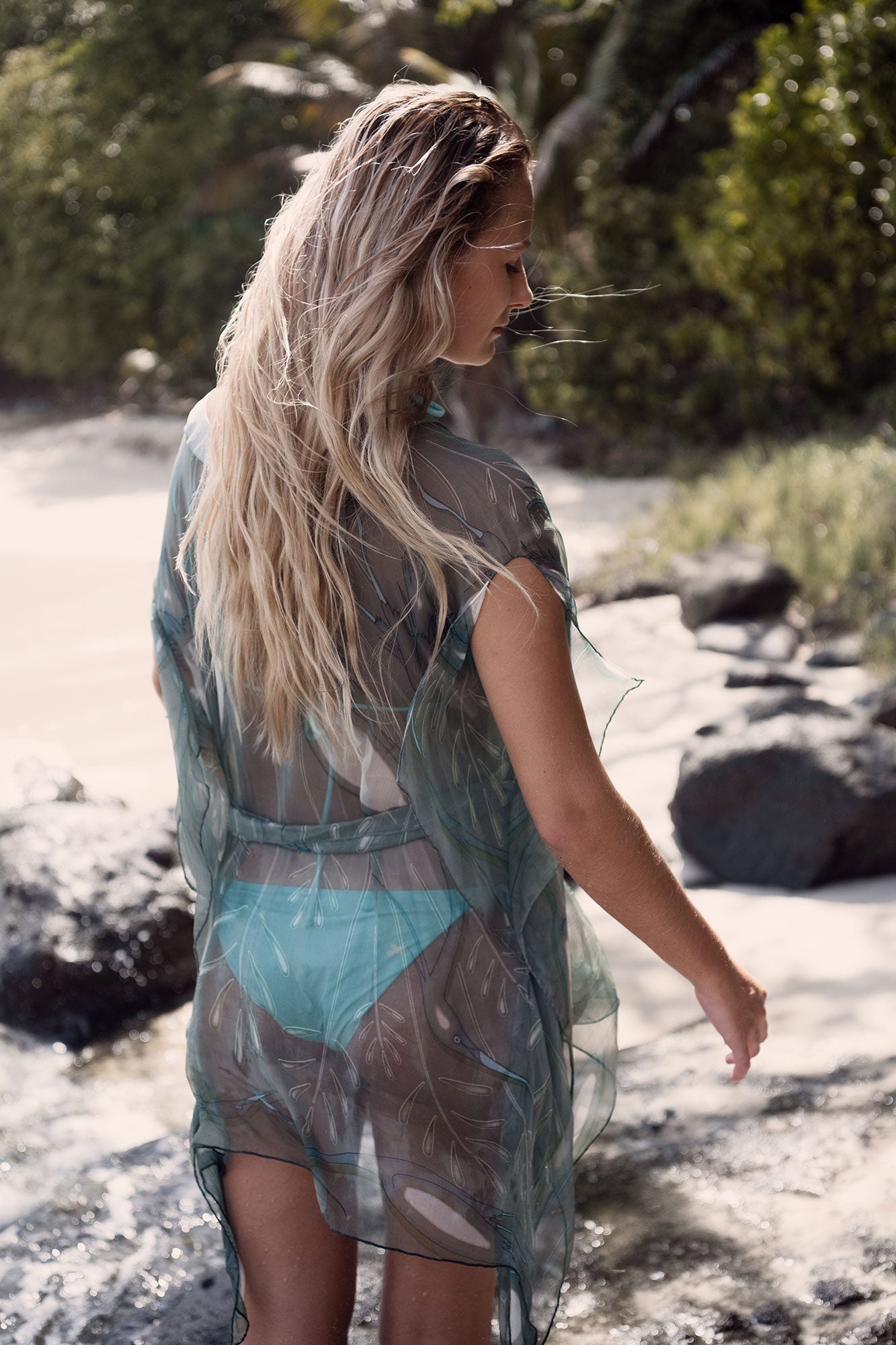 Island vacation style, chiffon silk Cosima Kaftan in lichen green Egret design, Cotton House beach, Mustique