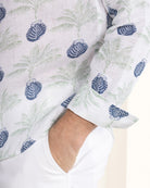 Good quantity linen shirts designed to last by Lotty B green and navy blue Potted Palm print by designer Lotty B for Pink House