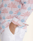 Mens stylish resortwear pure linen shirt in coral and turquoise blue Potted Palm print by Pink House