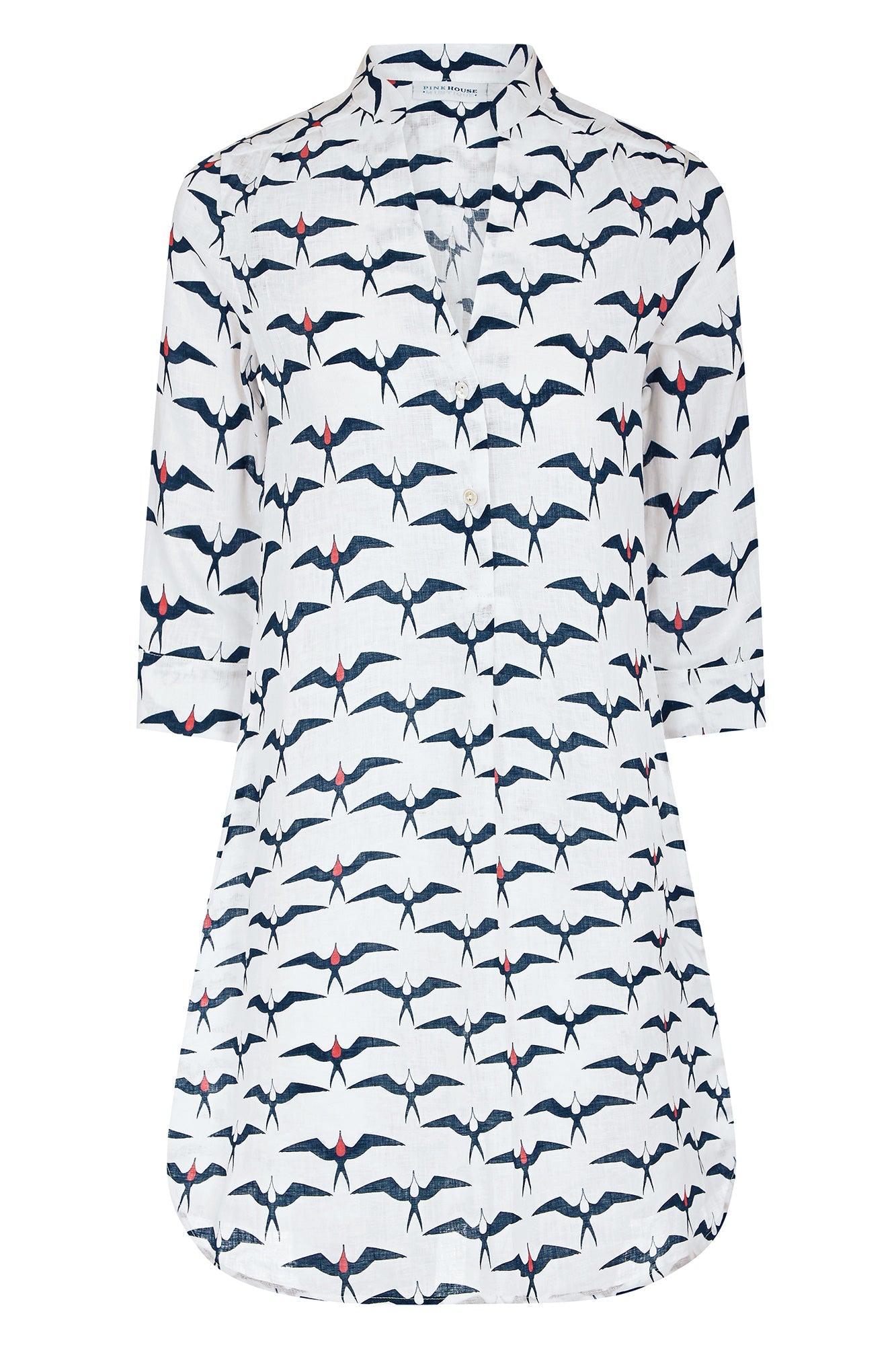 Womens linen holiday dress seaside print Frigate Bird navy blue red & white by Lotty B for Pink House Mustique