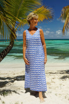 Womens Linen Sun Dress, Guava blue print by Lotty B Mustique holiday dress