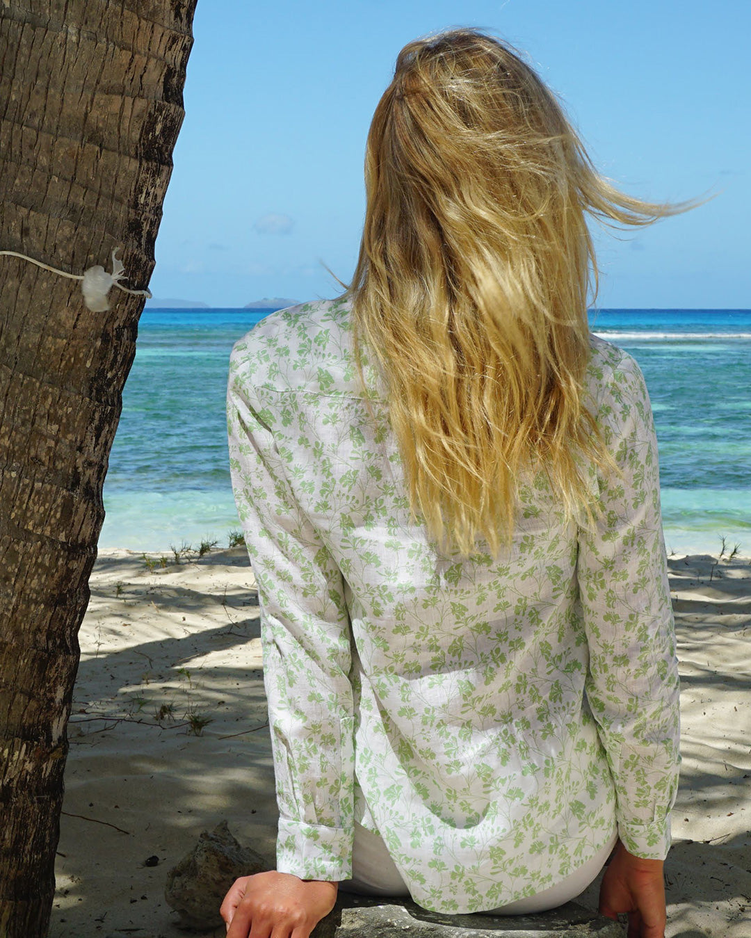 Womens Linen Blouse: FLAMBOYANT - GREEN designer Lotty B Mustique vacation style