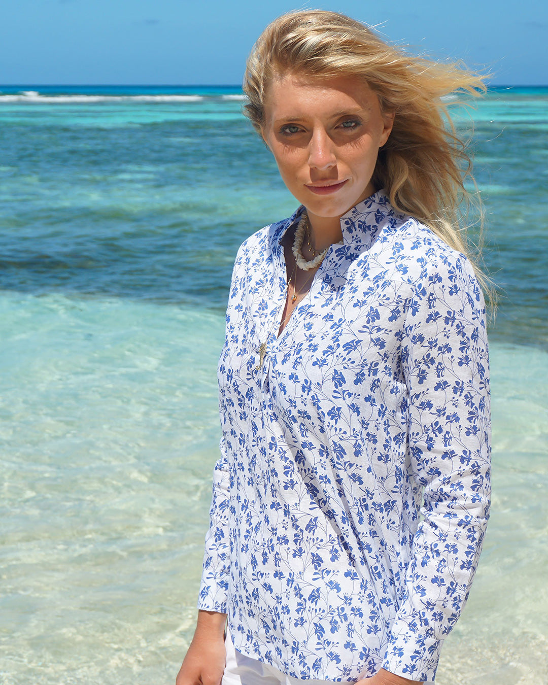 Womens Linen Blouse: FLAMBOYANT - NAVY BLUE designer Lotty B Mustique summer shirt