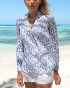 Womens Linen Blouse: FLAMBOYANT - NAVY BLUE designer Lotty B Mustique vacation style