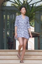 Womens linen vacation dress in aubergine navy blue floral Protea print